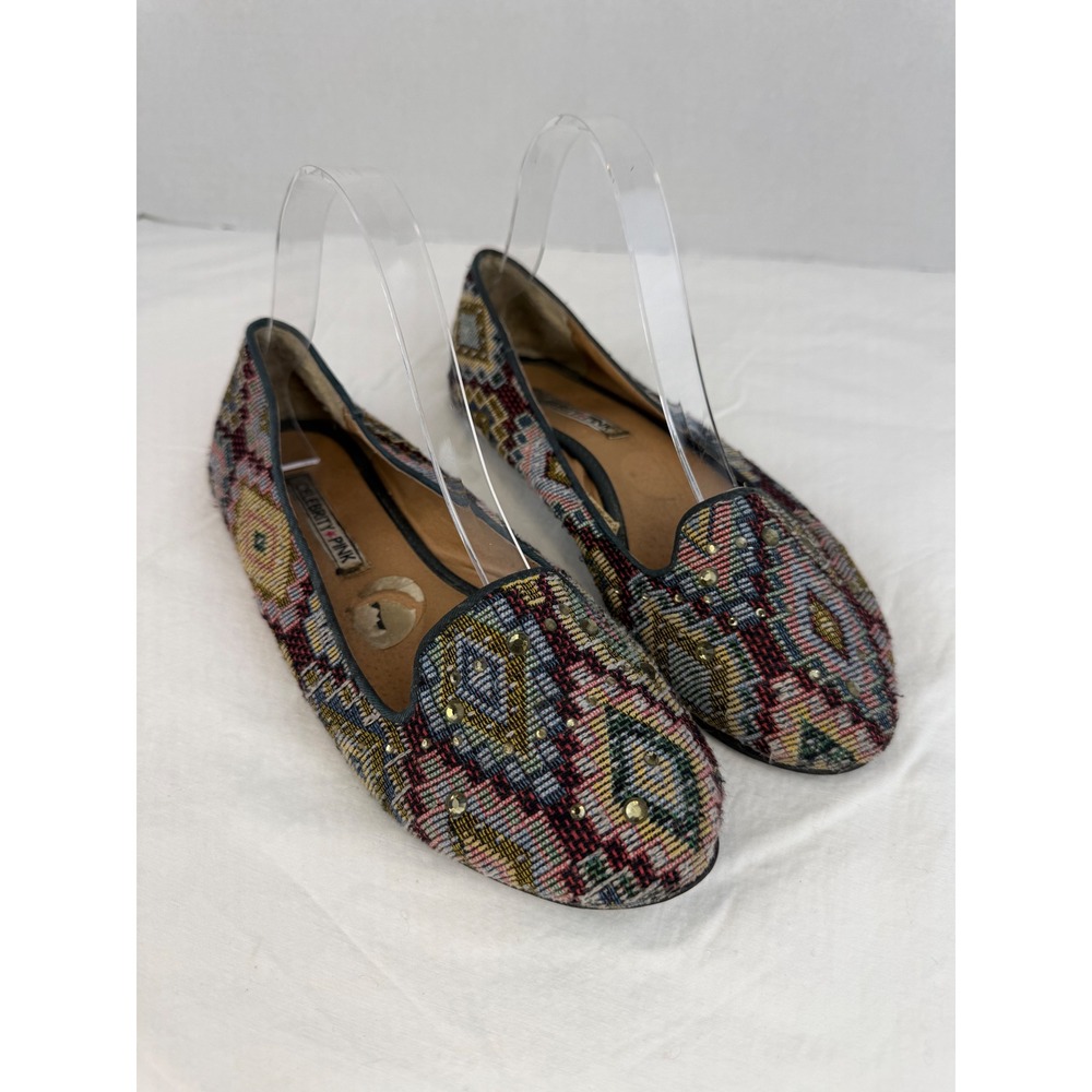 Vintage Celebrity Pink Tapestry Loafers Multi Color Geometric Studded Flats‎